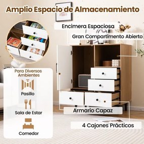 Armário com 4 gavetas e compartimento aberto, com pés de metal 80 x 45,5 x 97,5 cm, cor natural e branco