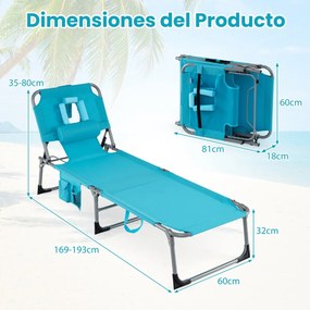 Espreguiçadeira dobrável para exterior, reclinável, com orifícios, apoio para o rosto, braços e encosto ajustável, bolsos, portátil, para praia e pisc
