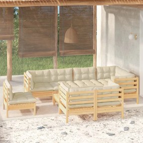 vidaXL 9 pcs conjunto lounge jardim c/ almofadões creme pinho maciço