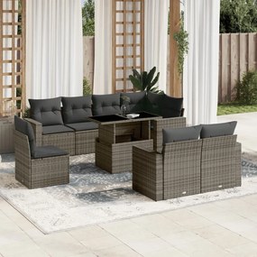 9 pcs conjunto sofás p/ jardim com almofadões vime PE cinzento