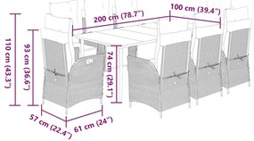 9 pcs conjunto de jantar p/ jardim c/ almofadões vime PE preto