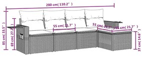 5 pcs conj. sofás jardim c/ almofadões vime PE cinzento-claro