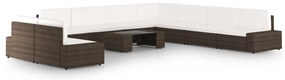 10 pcs conjunto lounge p/ jardim c/ almofadões vime PE castanho