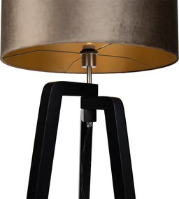 Candeeiro de pé tripé preto com abajur castanho com interior dourado 50cm - Puros