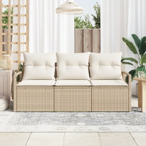 Conjunto de Sofás de Jardim de 3 Peças com Almofadas Bege de Rattan
