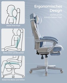 Cadeira Gaming com encosto reclinável e almofada para o apoio de cabeça Azul marinho + branco creme