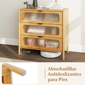 Cómoda de 3 gavetas em bambu com frente em vidro temperado estriado 80 x 40 x 78,5 cm Natural