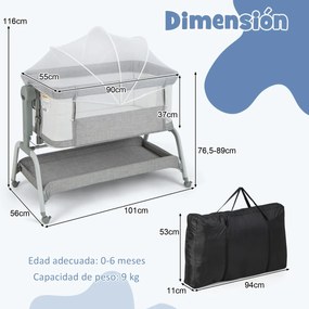 Berço de viagem para bebés com Altura ajustável Colchão ajustável Malha Cesto de arrumação e rodas 101 x 56 x 89 cm Cinzento