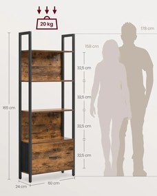 Estante com gaveta e estrutura em aço com design industrial 24 x 60 x 165 cm Castanho vintage + Preto