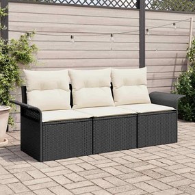 vidaXL Conjunto de sofás de jardim 3 peças com almofadas - Rattan de poliéster preto.