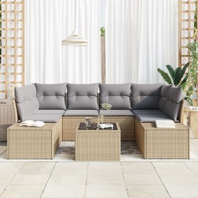 Conjunto de Sofá de Jardim de 7 peças com Almofadas Bege de Polirattan