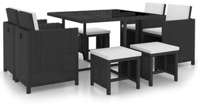 9 pcs conjunto jantar exterior com almofadões vime PE preto