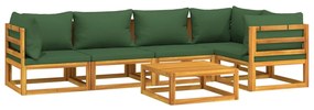 6 pcs conj. lounge jardim madeira c/almofadões verdes