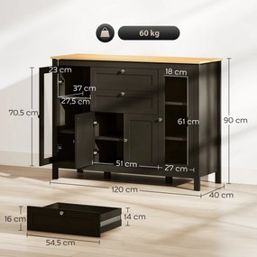 Aparador de Arrumação, 120 x 40 x 90 cm, Portas de Vidro, Preto