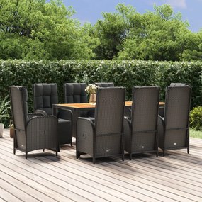 9 pcs conjunto de jantar p/ jardim c/ almofadões vime PE preto