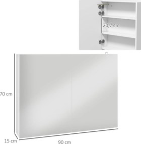 Armário de parede com espelho e iluminação LED para casa de banho 2 em 1,  90 x 15 x 70 cm