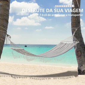 Cama Rede de Jardim 200x100 cm Rede Suspensa com Travessas de Madeira para Pátio Varanda Campismo Creme e Cinza