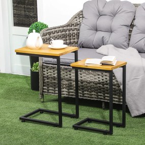 Conjunto de 2 Mesas Auxiliares de Jardim em Forma de C com Estrutura de Metal e Bancada de Madeira 40x30x60 cm e 35x24,5x52 cm Madeira e Preto