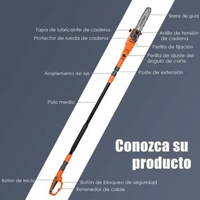 Serra eléctrica telescópica 212 a 286 cm Motosserra multiangular ajustável Montagem sem ferramentas para pátio jardim Laranja