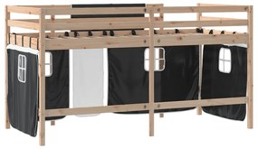 Cama alta criança c/ cortina 80x200cm pinho maciço branco/preto