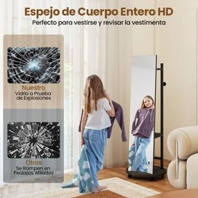 Espelho de Pé corpo inteiro com Cabide e Ganchos  360° para quarto Entrada, Hall Preto e nogueira