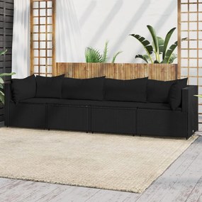 vidaXL 4 pcs conjunto lounge de jardim c/ almofadões vime PE preto