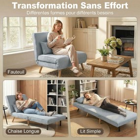 Poltrona  convertível 3 em 1: poltrona-cama individual com encosto de 5 posições, em tecido com almofada, cinzenta