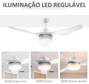 HOMCOM Ventoinha de Teto 20,5W Diâmetro 132cm com Controle Remoto Luz LED Ajustável em 3 Níveis 3 Lâminas Reversíveis 6 Velocidades e Temporizador para Dormitório Sala de Estar Branco