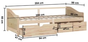 Sofá-cama de 3 lugares com gavetas 90x200 cm pinho maciço