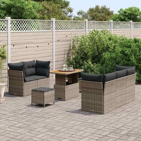 Sofá de Jardim 8 Peças com Almofadas Cinza em Rattan Sintético e Acáci