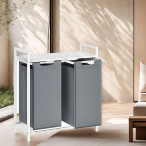 Cesto para roupa suja com 2 compartimentos e uma prateleira 73 x 33 x 72 cm branco + cinza claro