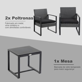 Conjunto de Móveis de Jardim de Vime 3 Peças com 1 Mesa 42,5x40x39 cm 2 Poltronas 63x57x76 cm Cinzento e Preto