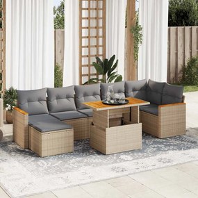 8 pcs conjunto sofás jardim com almofadões vime PE/acácia bege
