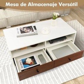 Mesa de centro de madeira com 2 gavetas 2 Estantes Retangular Multifuncional Fácil Montagem Mesa de apoio Branco + castanho