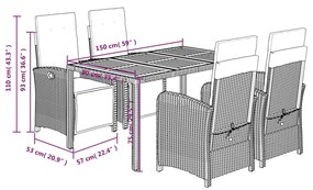 5 pcs conjunto de jantar p/ jardim c/ almofadões vime PE preto