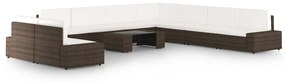 vidaXL 10 pcs conjunto lounge p/ jardim c/ almofadões vime PE castanho