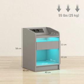 Mesa de Cabeceira com Luzes LED Gaveta 40x40x58 cm com Estação de Carregamento Entrada USB e Controlo Remoto Cinzento