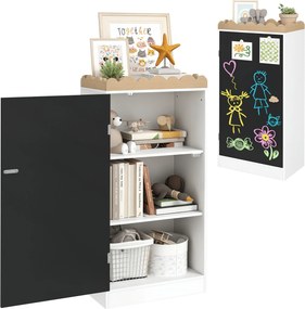 Móvel de arrumação infantil 48 L x 30 P x 100 A cm, arrumação para brinquedos com porta em quadro negro, 3 compartimentos e prateleira superior, branc