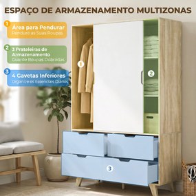 Roupeiro Moderno com Portas de Correr Varão Prateleiras Ajustáveis e 4 Gavetas cor Carvalho e Branco