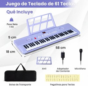 Teclado de piano portátil de 61 teclas com suporte para partituras, microfone, autocolantes de notas e bolsa - 58 x 18 x 5 cm - Roxo