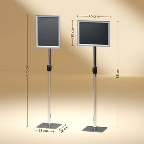 Suporte para Cartazes A3 Altura Ajustável Giratório 360° Moldura de Alumínio e Aço Inoxidável Prata