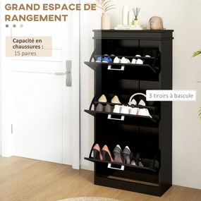 Sapateira armário com 3 portas basculantes para 15 pares, prateleiras ajustáveis, 54 x 24 x 117,5 cm, preto
