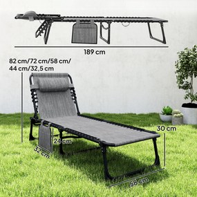 Espreguiçadeira dobrável com encosto reclinável em 5 posições e apoio para a cabeça removível, 189 x 58 x 30 cm, cinzenta