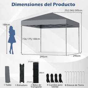 Tenda dobrável com bolsa de transporte e altura ajustável em 3 posições para jardim, festas, eventos 295 x 295 cm cinza
