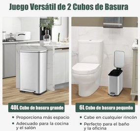 Conjunto de caixotes do lixo de 40 litros + 6 Litros em aço e baldes interiores amovíveis para lixo de cozinha Prateado