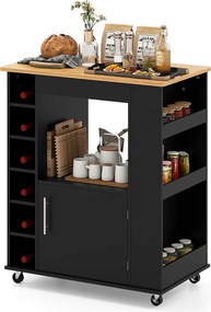 Carrinho de cozinha com rodas, toalheiro e tampo de bambu para sala de jantar e bar Estante para 6 garrafas de vinho 76 x 44 x 89 cm Preto