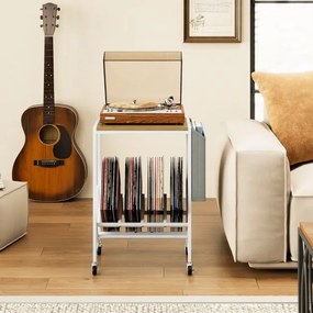 Suporte para gira-discos com armazenamento 49,5 x 30 x 64 cm para discos de vinil e revistas com rodas natural
