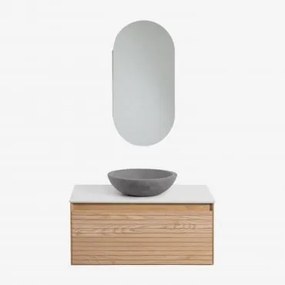 Conjunto De Móvel De Casa De Banho Em Madeira De Freixo Tedrik Castanho Fresno & Cimento Cinzento Redondo Ø40 Cm Tarsis & Ovalado - Sklum