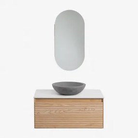 Conjunto De Móvel De Casa De Banho Suspenso 80x50 Cm Em Madeira De Freixo Tedrik Castanho Fresno & Cimento Cinzento Redondo Ø40 Cm Tarsis - Sklum