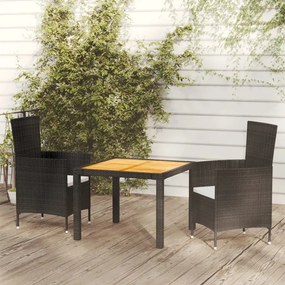 vidaXL 3 pcs conjunto jantar exterior com almofadões vime PE preto